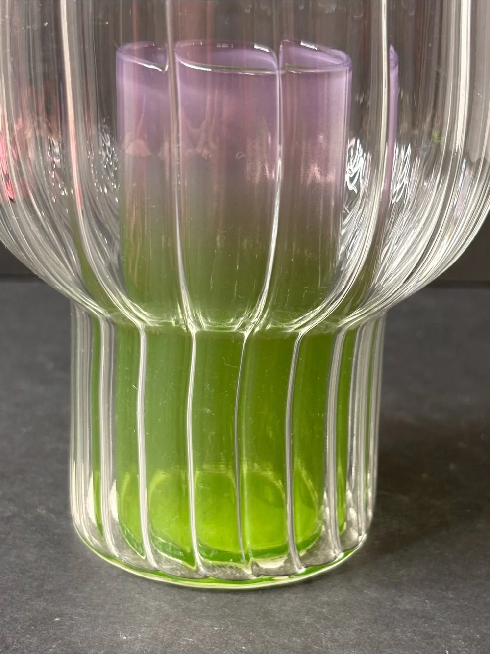 Anthropologie Lucia Neon Glass Vase Fluted Clear Outer Green & Purple Inside NWT